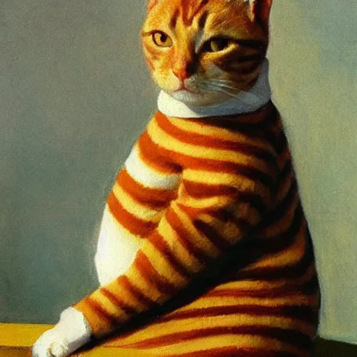 Prompt: Edward Hopper portrait of a ginger tabby cat wearing a beautiful outfit