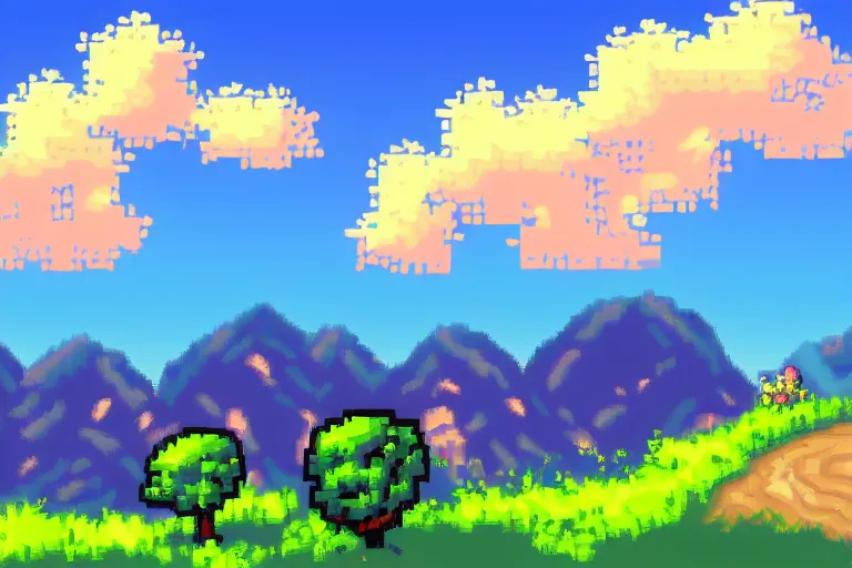 Image similar to landscape, summer, morning, beautiful cloud, quiet, no people, trending on artstation, trending on deviantart, pixelart, pixelperfect, pixel art, pixel, art of angrysnail, Eastward style, Tales of the Neon Sea style