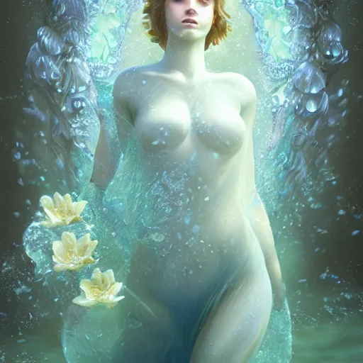 Image similar to ultra realistic 3 d render of a gorgeous goddess made of water and blooming flowers rising out of the water dripping by charlie bowater and farid ghanbari, beautiful, bioluminescent, ethereal, waterfall, intricate, elegant