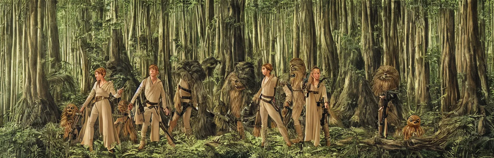 Image similar to luke skywalker, princess leia and han solo meet the ewoks in the forest of endor, in return of the jedi, a masterful painting by sandro botticelli