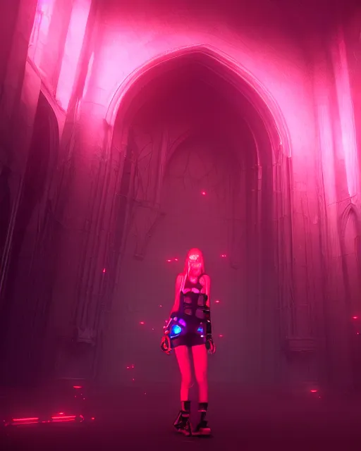 Image similar to neon raver girl in a dark bloody cathedral, cgsociety, detailed, unreal engine, textured, cinematic, character design, concept art, colors trending on artstation