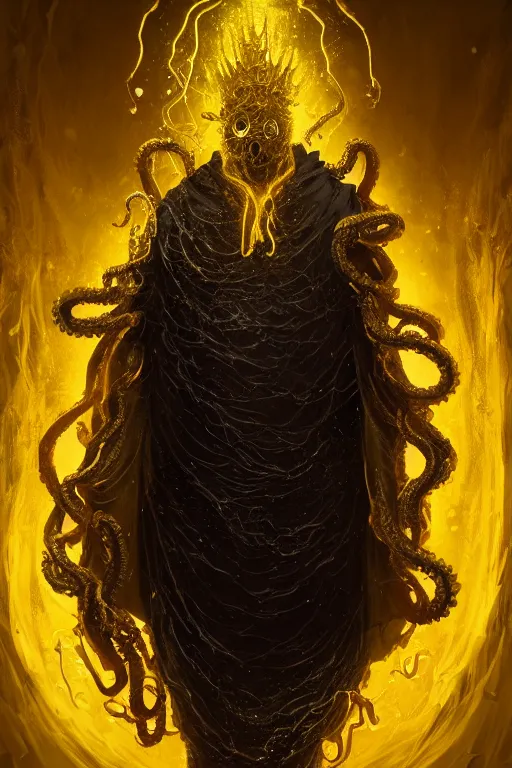 Prompt: A full body portrait of a mysterious character with no face with a very long hooded yellow cloak, a golden crown floating above his head tentacles coming out the ground art by Maciej Kuciara, Lee Griggs and Jason Chan, ominous, cosmic horror, trending on artstation, Ultra detailed, hyper realistic 4k