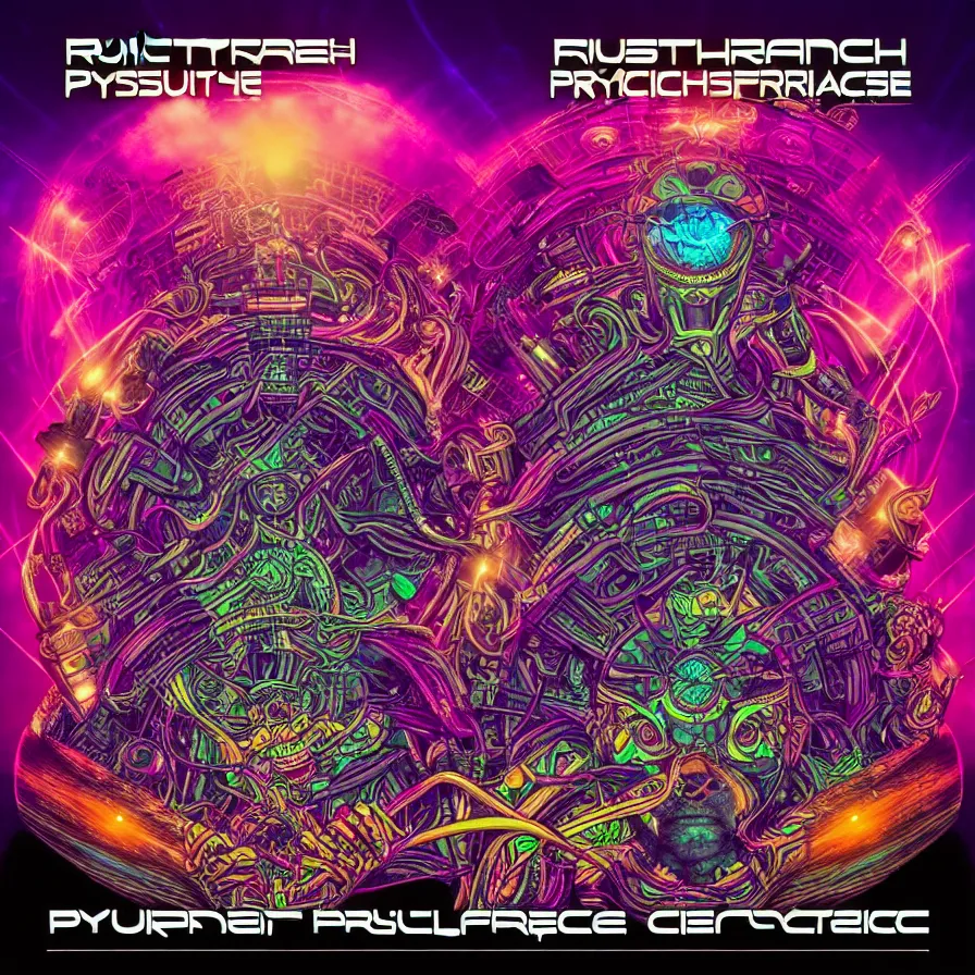 Image similar to a hightech psytrance album covervdesigned by rustypsyfly fir blackout records