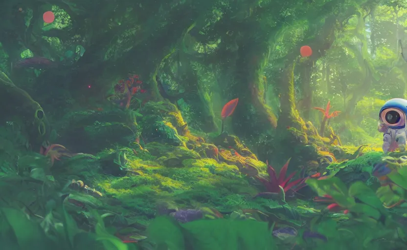 Image similar to a still of a cute adorable tiny astronaut, on a planet of lush colorful foliage surrounded by kaiju monsters, magical forest, sharp focus, neon backlit, highly detailed, disney pixar studio ghibli makoto shinkai, digital painting, matte, octane render, cinematic volumetric lighting, global illumination, iridescent, anime, 8 k concept art