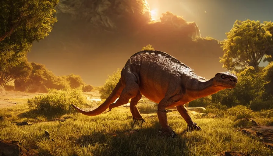 Image similar to hyper realistic highly detailed nature photography of a dinosaur, prehistoric planet, volumetric lighting, octane render, 4 k resolution, golden hour