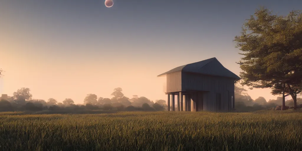Image similar to a serene landscape with a singular building at sunrise with a big jupiter appearing in the sky, digital art, concept art, octane render, unreal engine 5, hyperrealistic, highly detailed, high quality, 4K, low contrast, soft lighting, path tracing, complementary colors, natural lighting, geometric