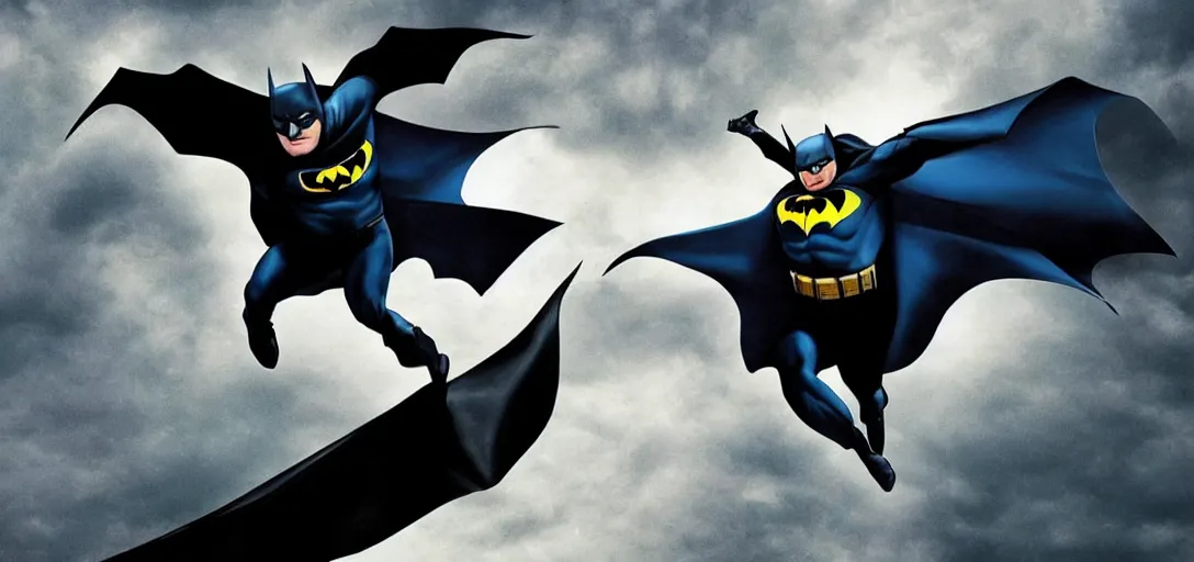 Image similar to putin child of batman, flying in sky