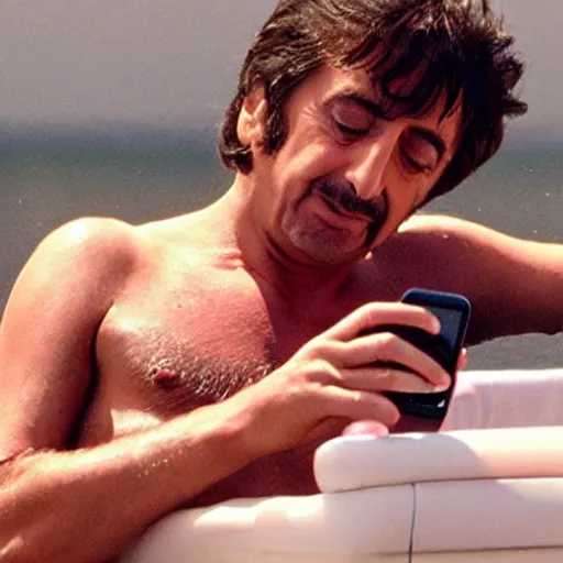 Prompt: al pacino scarface hot tub scene, except he is wearing catgirl ears and browsing his iphone