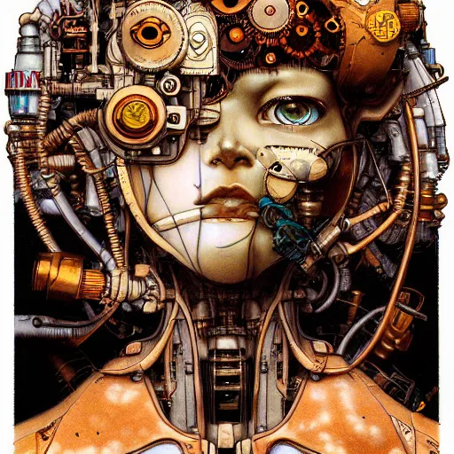 Image similar to machine portrait soft light painted by james jean and katsuhiro otomo and erik jones, inspired by steampunk, smooth face feature, intricate oil painting, high detail illustration, sharp high detail, manga and anime 1 9 9 9