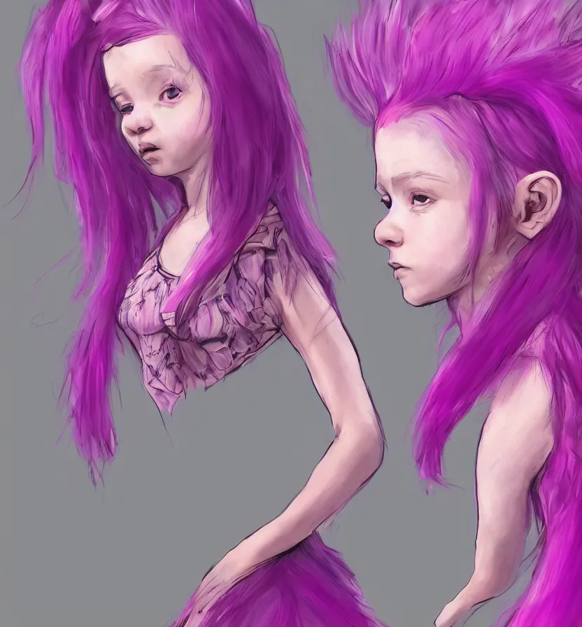 Image similar to little girl with eccentric pink hair wearing a dress made of purple fur, anatomically perfect, concept art,