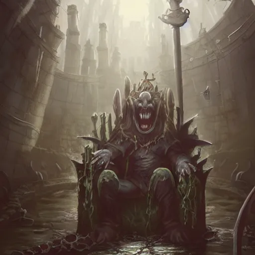 Prompt: murky sewer scene with an evil rat sitting on a throne, surrounded by his court of rats, wearing elaborate reneissance clothing. trending on artstation, fantasy illustration, rat people, extremely detailed, grim