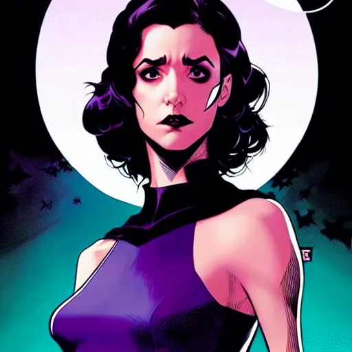 Image similar to rafael albuquerque comic cover art, artgerm, joshua middleton, pretty stella maeve witch doing black magic, serious look, purple dress, symmetrical eyes, symmetrical face, long black hair, twisted evil dark forest in the background, cool colors