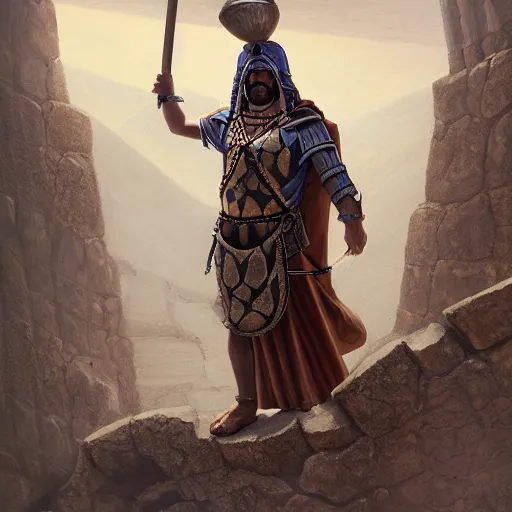 Prompt: bronze age assyrian priest with a tall helmet and snake staff, standing on a ledge looking down, octane render, beautiful composition, trending on artstation, highly detailed oil painting, fantasy digital art, epic