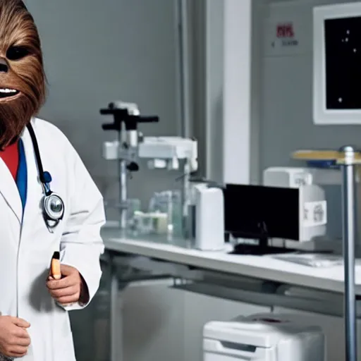 Prompt: chewbacca in the role of nurse from doctor haus movie, medical dress, white lab coat, detailed, demical outfit, in the lab, film still