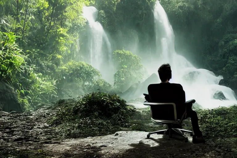 Image similar to movie closeup young man with a grey beard in a cyberpunk suit sitting on a futuristic chair at the edge of a jungle waterfall by emmanuel lubezki