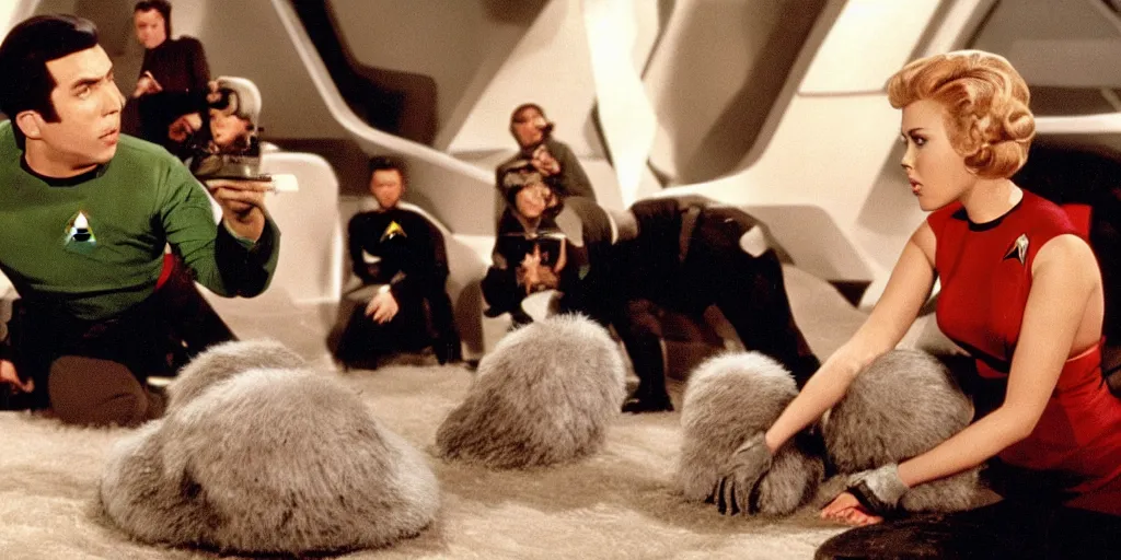 Image similar to Scarlett Johansson and Tribbles in a scene from Star Trek the original series