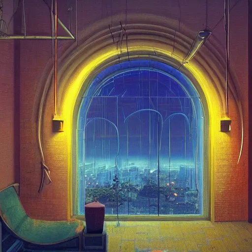 Image similar to 80s interior with arched windows, neon lighting, hanging plants, cinematic, cyberpunk, lofi, calming, dramatic, fantasy, by Moebius, by zdzisław beksiński, Fantasy LUT, epic composition,