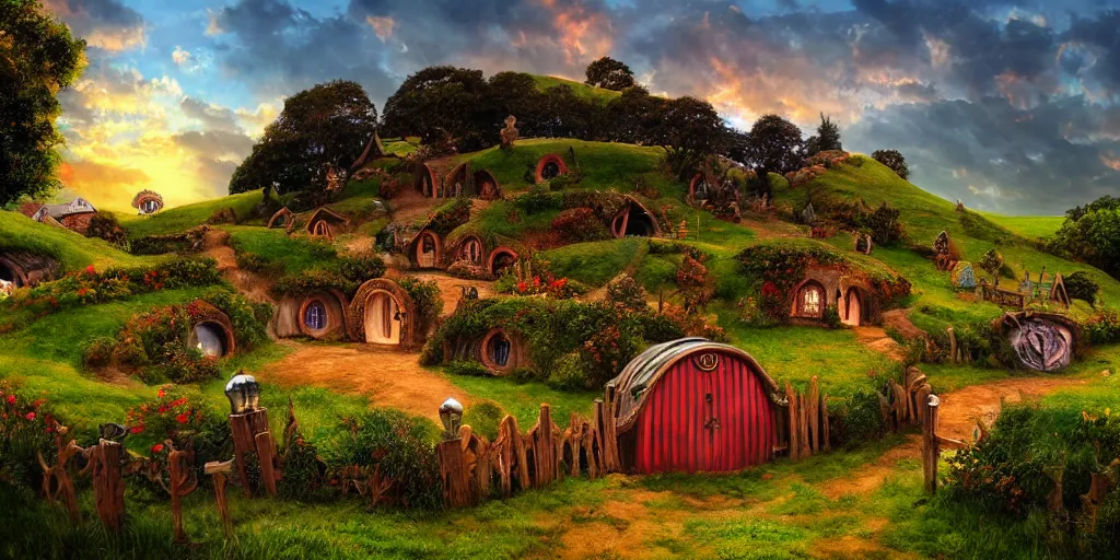 Image similar to Hobbiton but the houses are made from shipping containers, realistic, highly detailed, digital painting, smooth, sharp focus, cinematic lighting, Peter Jackson