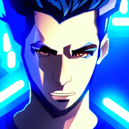 Image similar to a highly detailed portrait of a man with navy blue hair and blue glowing eyes, blue transparent cubes in backround, high detail clothing, concept art, anime, artstation, professional drawing