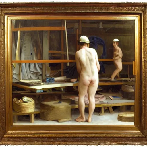 Image similar to an oil painting of an man working in warehouse he doing sorting package, view from back, by Bouguereau, highly detailed and intricate, 1500,
