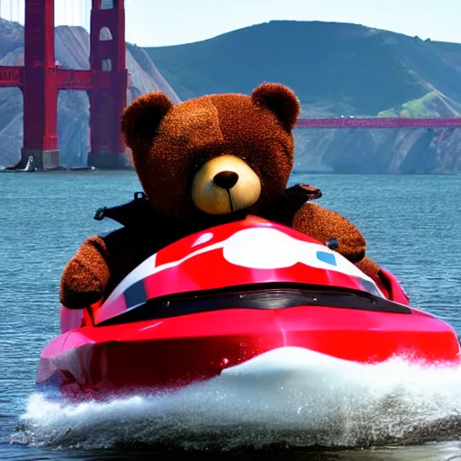 Prompt: A teddy bear wearing a motorcycle helmet and cape is driving a speed boat near the Golden Gate Bridge . dslr photo.