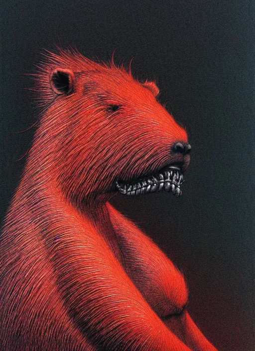 Prompt: a side view of chthonic neon fur demonic capybara with red eyes and and black veins and white teeth and blood on arms, on background red lake on fire, highly detailed, art by Ayami Kojima, Beksinski, Giger