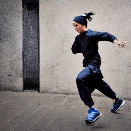 Prompt: photo of ninja running around the streets of Edo in parkour, motion blur