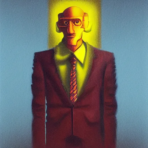 Image similar to ultra realistic portrait ofa man in suit in a studio, ultra detailed, under blue, red and yellow cinematic lighting, salvador dali, cartoon, monument valley, escher