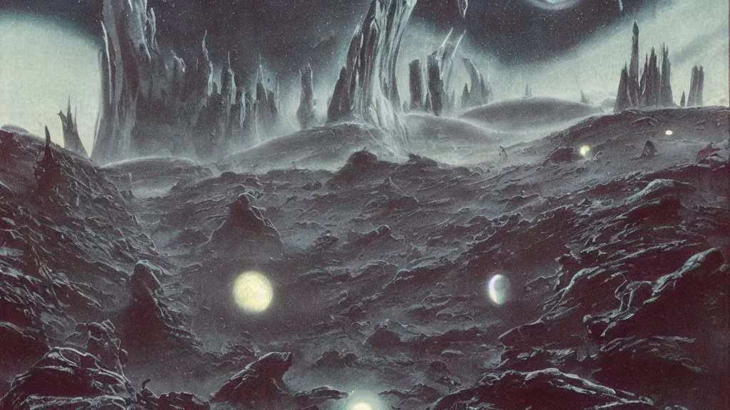 Image similar to eerie atmospheric alien planet empire by jack gaughan and bob eggleton and chris moore, epic cinematic matte painting