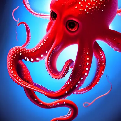 Image similar to portrait of red octopus, sly, cunning, blue background, pixar style animation 3d extremely gloomy lighting, atmospheric, cinematic, detailed illustration unreal Engine, 8K