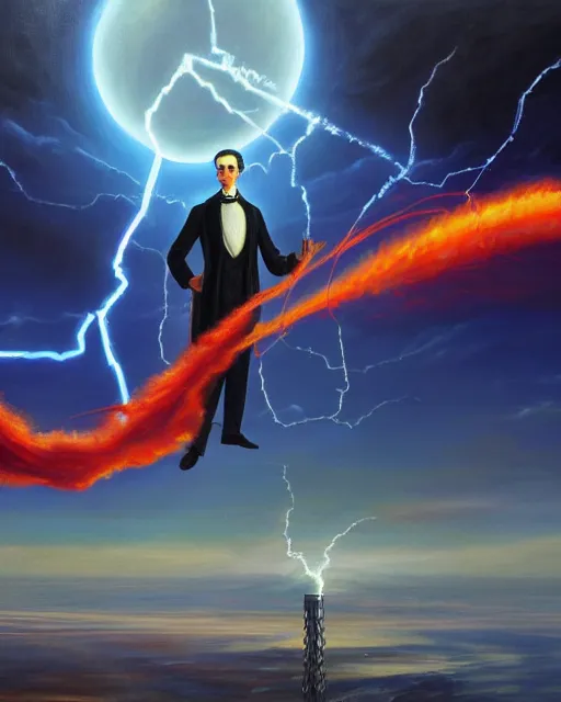 Prompt: an amazing oil painting of Nikola Tesla as a supervillain flying over a vast landscape with electric superpowers electrifying the world with his new giant tesla coil doom machine, sci-fi steampunk concept art, trending on artstation, HD, 4k, 8k