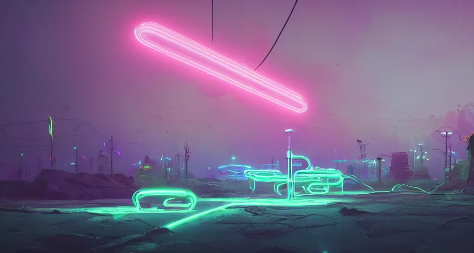 Prompt: Various Neon tube lights over a surreal landscape, rendered by simon stålenhag, rendered by Beeple, Makoto Shinkai, syd meade, environment concept, digital art, unreal engine, 3 point perspective, WLOP, trending on artstation, low level, 4K UHD image, octane render,