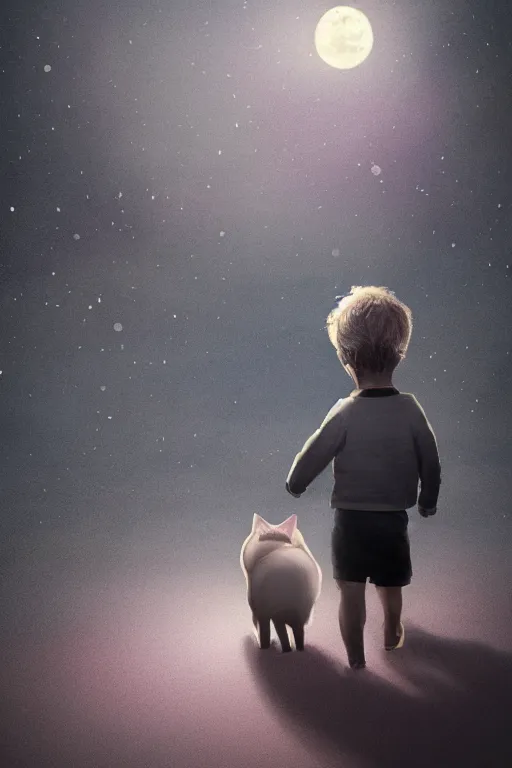 Image similar to a little boy carrying cat at night, lantern light besides, photorealistic face and skin tones, dreamy moonlit nightscape by the garden, lake house, smooth, matte colors, trending on artstation, 4 k, 8 k