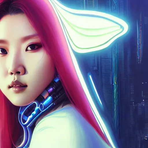 Prompt: portrait painting of cyberpunk hwasa mamamoo as a street doctor with a halo, ultra realistic, concept art, intricate details, eerie, highly detailed, photorealistic, octane render, 8 k, unreal engine. art by artgerm and greg rutkowski and magali villeneuve and alphonse mucha