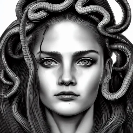 Image similar to medusa portrait painting, black and white, wicked grin, artstation, detailed, blurred background