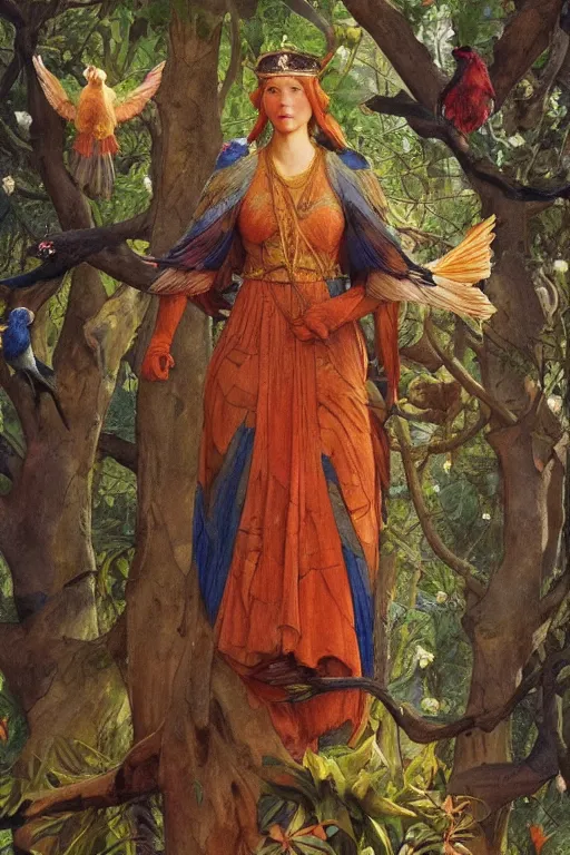 Image similar to the queen of the forest with her birds, by Annie Swynnerton and Nicholas Roerich, elaborately costumed, rich color, dramatic cinematic lighting, smooth, sharp focus, extremely detailed, featured on artstation