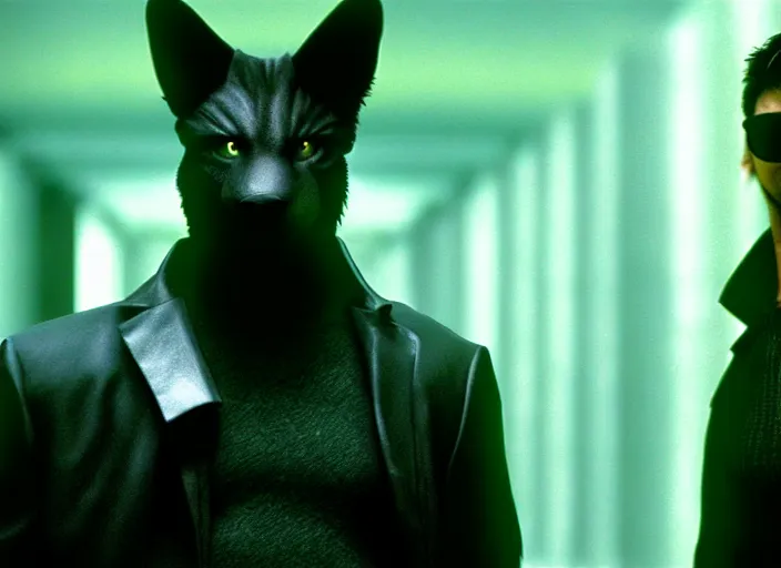 Image similar to neo as a furry fursona fursuit, the matrix, film still, high quality, hd, 4 k