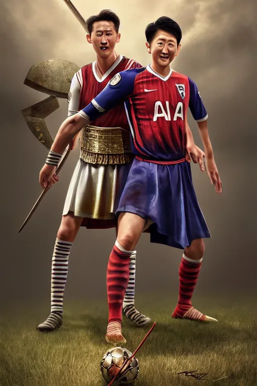 Prompt: an epic comic book style full body portrait painting of harry kane and son heung-min as a roman warriors, elegant, character design by Mark Ryden and Pixar and Hayao Miyazaki, unreal 5, DAZ, hyperrealistic, octane render, cosplay, RPG portrait, dynamic lighting, intricate detail, summer vibrancy, cinematic