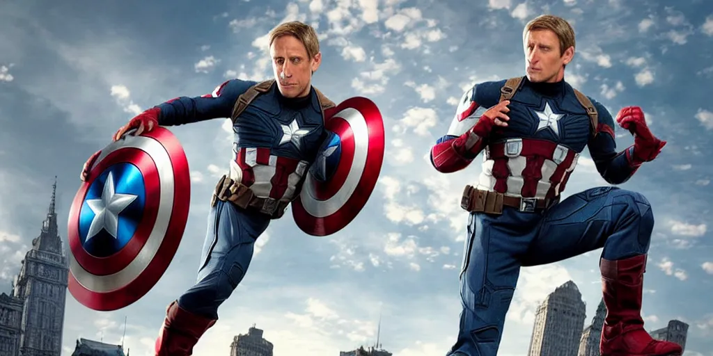 Image similar to “A still of Tony Hawk as Captain America in Marvel’s Avengers, high definition”