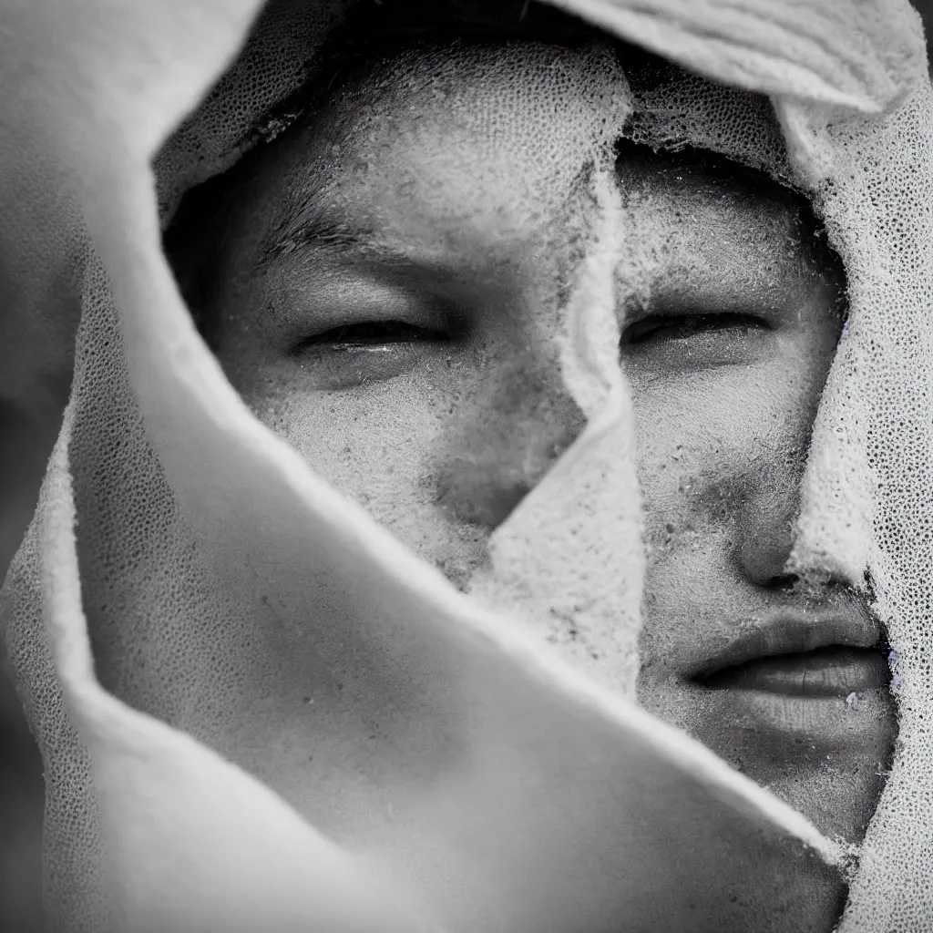 Prompt: Extreme Close-Up (ECU) vintage black and white portrait photo of a young man dressing in white robes wearing white masks in the field, cinematic lighting, cinematic composition, cinematic atmosphere, misty foggy. Vogue photography Sigma 85mm f/5-6.3 lens, portrait winning photograph.