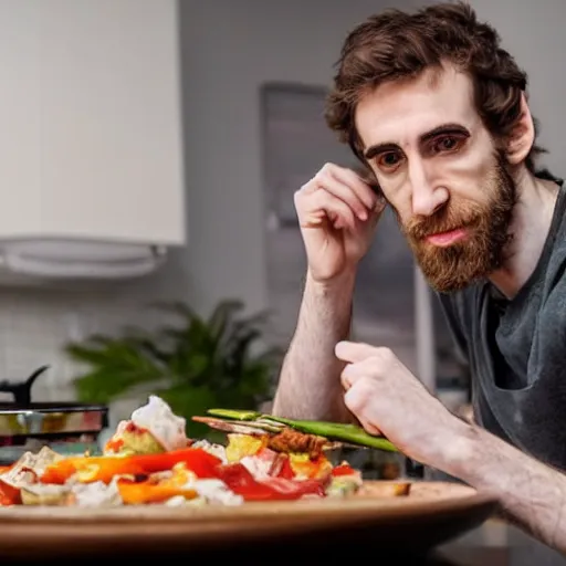 Image similar to picture of asmongold watching tv while cooking a meal, good lighted photo, sharp details, detailed, hd, hdr