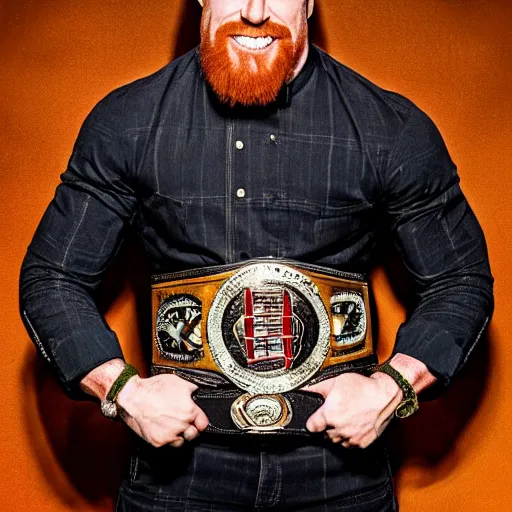 Image similar to Sheamus posing with his champion belt for a magazine photo