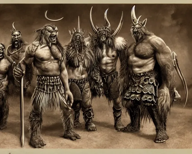 Prompt: group vintage photograph of a real fantasy warrior orc tribe, tall, muscular, sharp fangs and tusks, armored, tribal paint, highly detailed, hd, hq