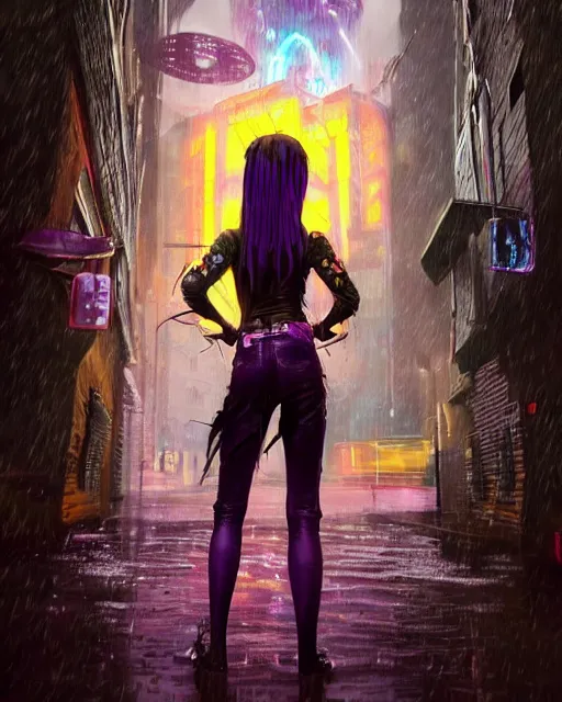 Image similar to an epic fantasy comic book style full body portrait painting of a very beautiful imposing outrun emo industrial goth dora the explorer in the rain, neon reflections in the rain puddles, character design by mark ryden and pixar and hayao miyazaki, unreal 5, daz, hyperrealistic, octane render, cosplay, rpg portrait, dynamic lighting, intricate detail, cinematic