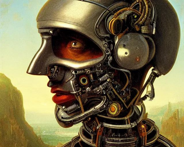 Prompt: a highly detailed portrait of a cyborg in the style of thomas cole