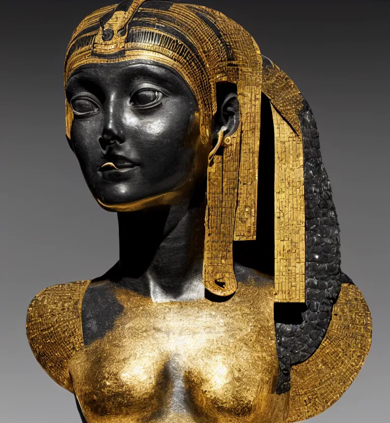 Image similar to a photo at the museum showing a black marble and gold full body sculpture of cleopatra. good quality, good light, anatomically correct, 8 k