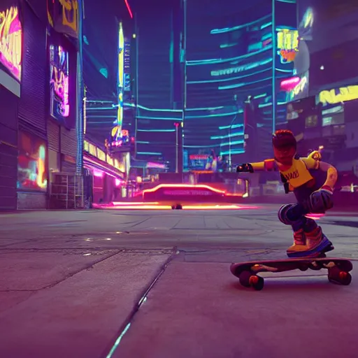 Prompt: Night City Cyberpunk 2077, (Bart Simpson) skateboarding at a playground, muted cyberpunk style, high energy, desolate, atmospheric, hazy, sweltering, autochrome, 8K, 4K, reflections, octane render, unreal engine 5