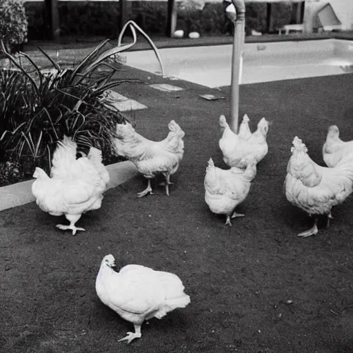 Prompt: chickens are sitting by the pool, photograph
