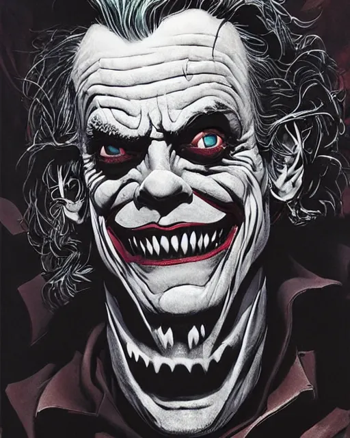 Image similar to christopher lloyd as the joker, big smile, grotesque, horror, high details, intricate details, by vincent di fate, artgerm julie bell beeple, 1 9 8 0 s, inking, vintage 8 0 s print, screen print