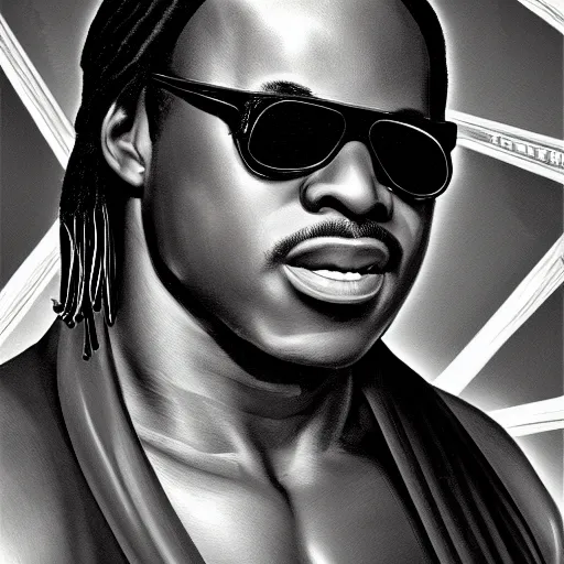 Image similar to stevie wonder with the physique of a body builder, hyper realistic, ultra detailed, cinematic, dynamic lighting, photorealistic, refined, intricate, digital art, digital painting, masterpiece, 8k